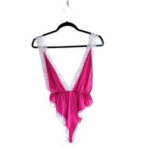 Womens Lingerie Pink M Sexy Lace Trimmed Lingerie Romper	Deep Plunge